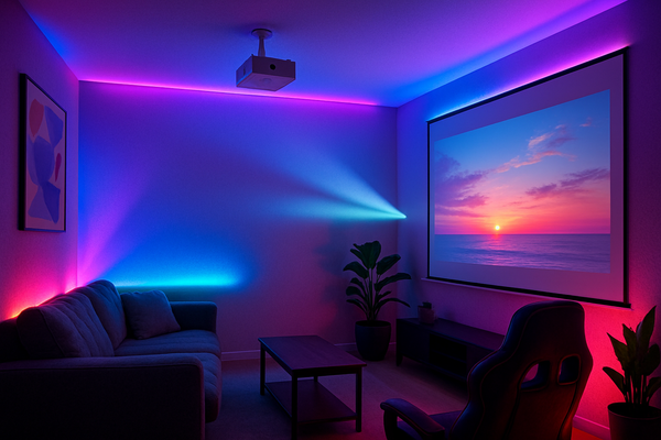 show a room decked out with colored lighting and a projector